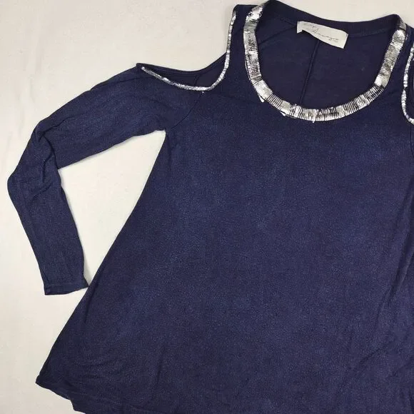 Vintage Havana Distressed Silver Trim Cold Shoulder Tunic Top Size S Y2K Flowy - Picture 5 of 9